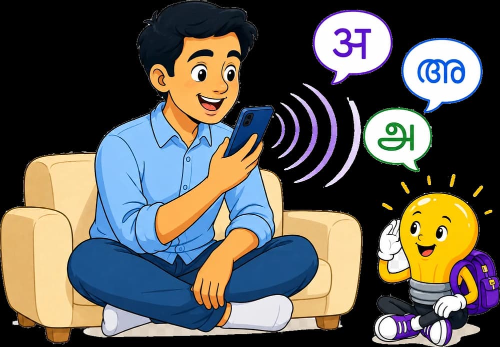 A father speaking a question into his phone while the Trickly mascot listens